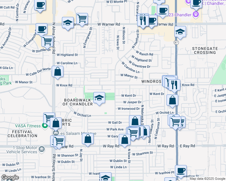map of restaurants, bars, coffee shops, grocery stores, and more near 601 West Kent Place in Chandler