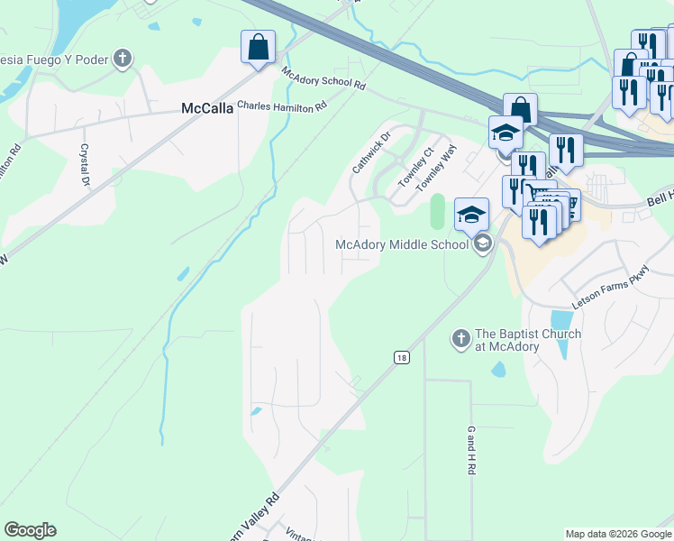 map of restaurants, bars, coffee shops, grocery stores, and more near 6582 Cathwick Way in McCalla