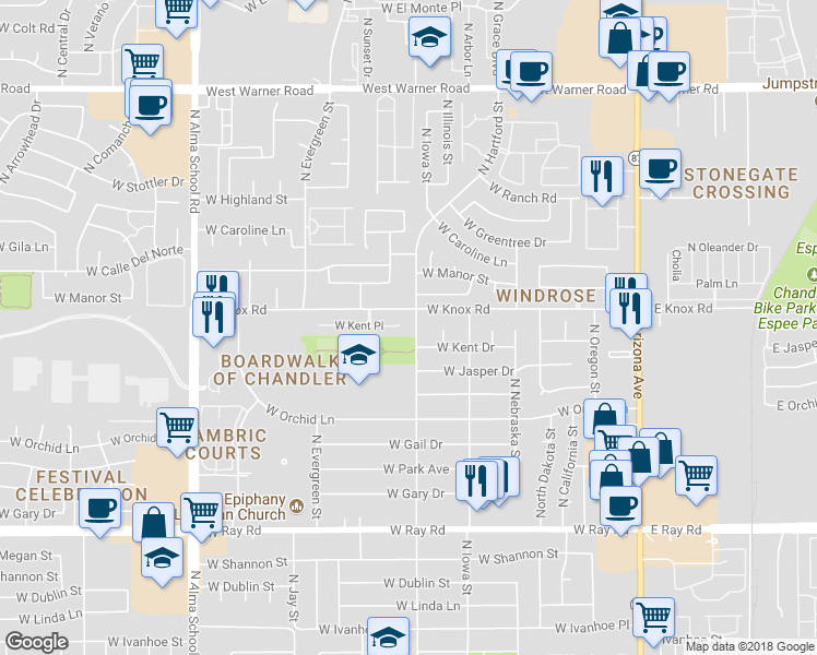 map of restaurants, bars, coffee shops, grocery stores, and more near 601 West Kent Place in Chandler