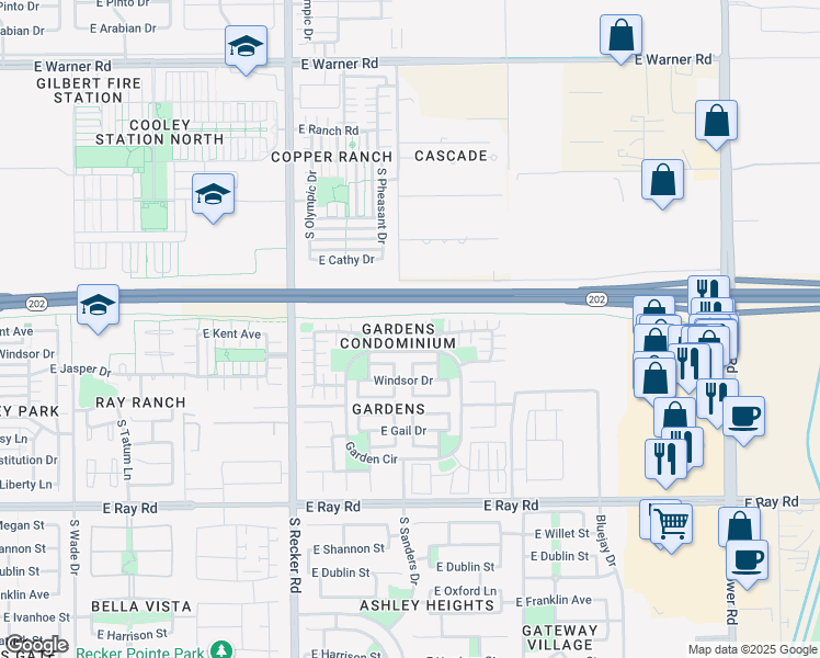 map of restaurants, bars, coffee shops, grocery stores, and more near 4237 East Jasper Drive in Gilbert