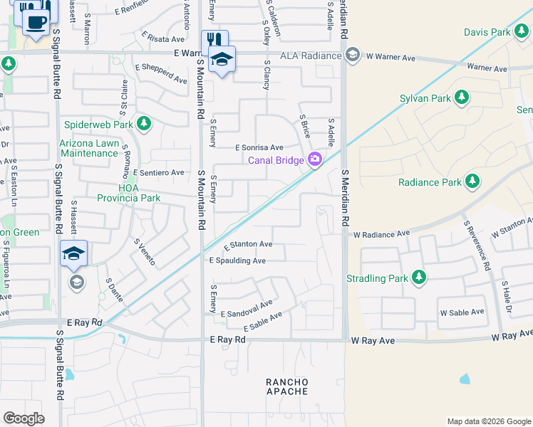 map of restaurants, bars, coffee shops, grocery stores, and more near 11356 East Solina Circle in Mesa