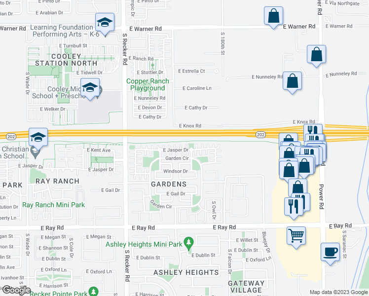 map of restaurants, bars, coffee shops, grocery stores, and more near 4230 East Jasper Drive in Gilbert