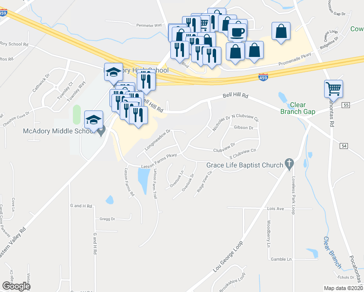 map of restaurants, bars, coffee shops, grocery stores, and more near 6132 Letson Farms Drive in Bessemer