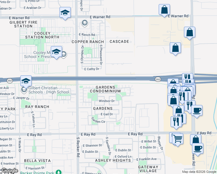 map of restaurants, bars, coffee shops, grocery stores, and more near 4237 East Jasper Drive in Gilbert