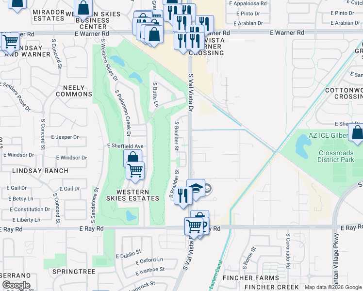 map of restaurants, bars, coffee shops, grocery stores, and more near 1576 East Windsor Drive in Gilbert