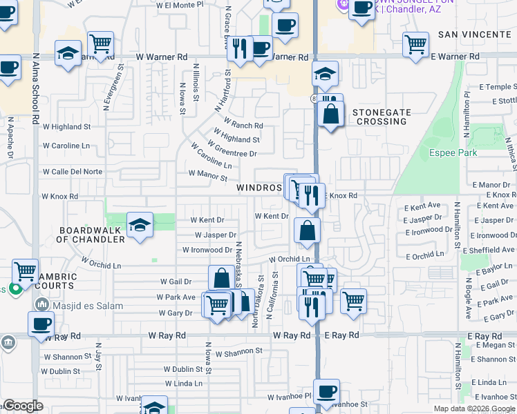 map of restaurants, bars, coffee shops, grocery stores, and more near 1330 North Dakota Street in Chandler
