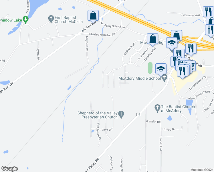 map of restaurants, bars, coffee shops, grocery stores, and more near 5703 Cheshire Cove Circle in McCalla