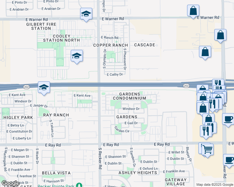 map of restaurants, bars, coffee shops, grocery stores, and more near 4106 East Jasper Drive in Gilbert