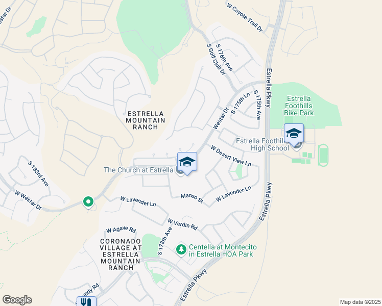 map of restaurants, bars, coffee shops, grocery stores, and more near 17727 West Desert View Lane in Goodyear