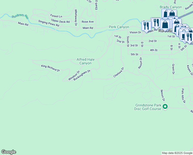 map of restaurants, bars, coffee shops, grocery stores, and more near Chelsea Drive in Ruidoso