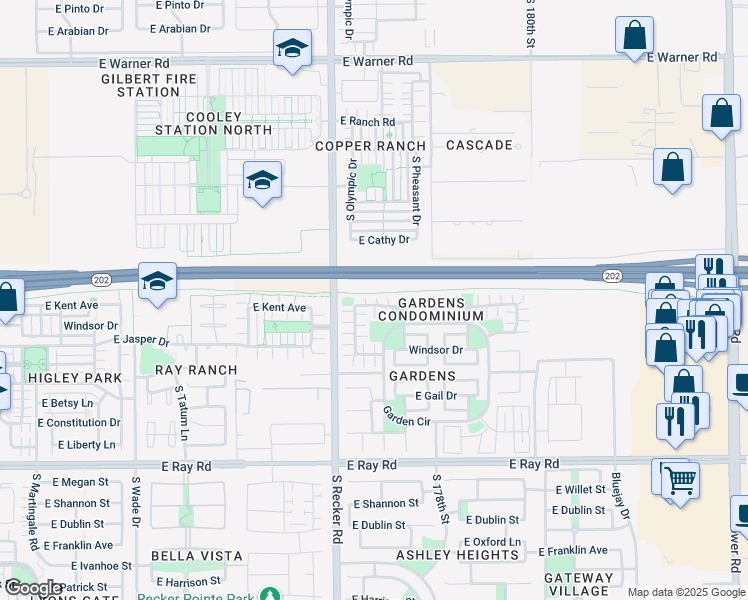 map of restaurants, bars, coffee shops, grocery stores, and more near 4093 East Jasper Drive in Gilbert
