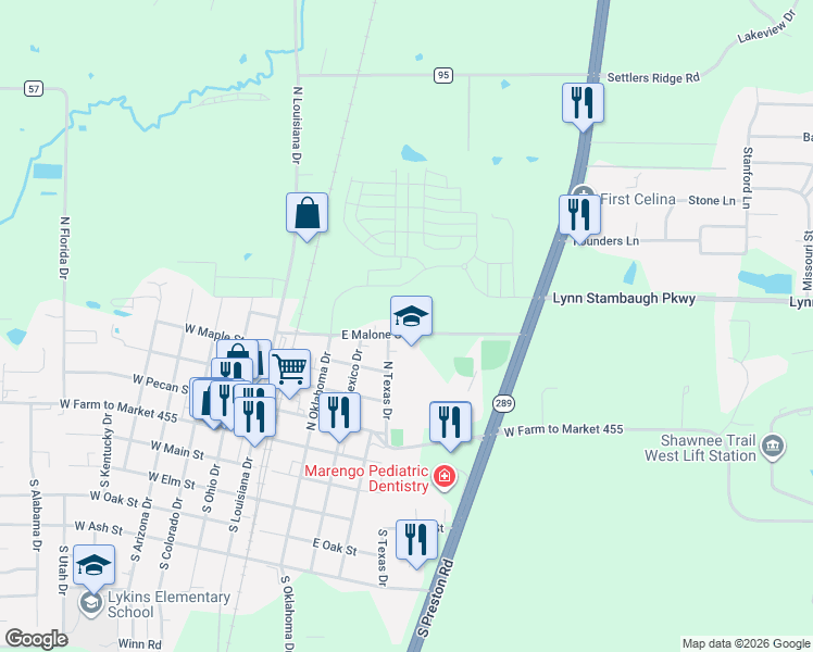 map of restaurants, bars, coffee shops, grocery stores, and more near 510 East Malone Street in Celina