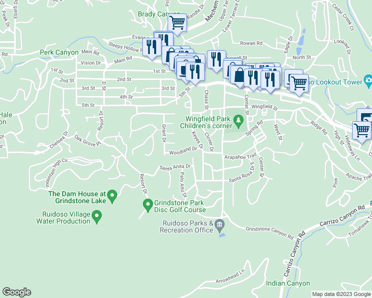 map of restaurants, bars, coffee shops, grocery stores, and more near 100 Woodland Drive in Ruidoso