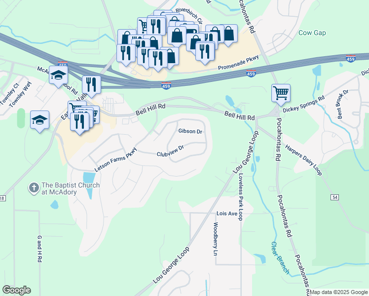 map of restaurants, bars, coffee shops, grocery stores, and more near 4598 Clubview Drive in Bessemer
