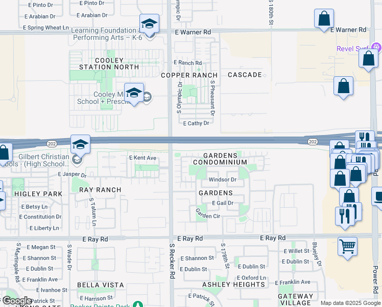 map of restaurants, bars, coffee shops, grocery stores, and more near 4093 East Jasper Drive in Gilbert