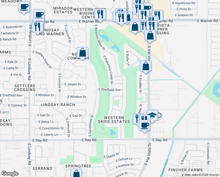 map of restaurants, bars, coffee shops, grocery stores, and more near 1264 South Palomino Creek Drive in Gilbert