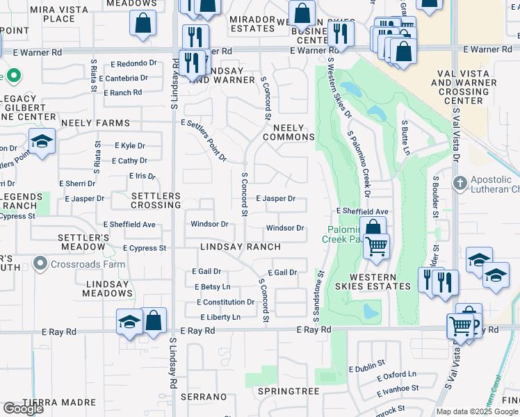 map of restaurants, bars, coffee shops, grocery stores, and more near 1031 East Sheffield Avenue in Gilbert