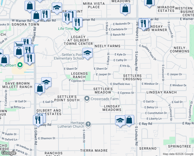 map of restaurants, bars, coffee shops, grocery stores, and more near 1265 South Sierra Street in Gilbert