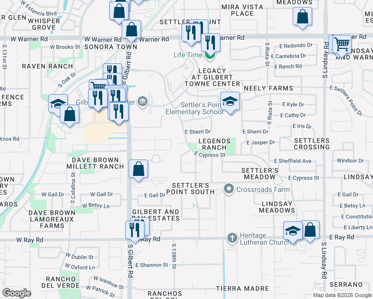 map of restaurants, bars, coffee shops, grocery stores, and more near 1251 South Palm Street in Gilbert