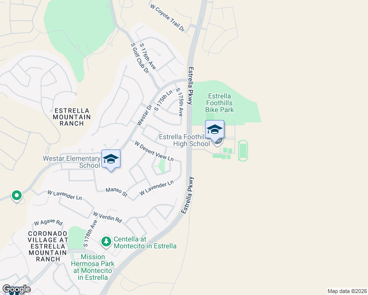 map of restaurants, bars, coffee shops, grocery stores, and more near 17507 West Wind Song Avenue in Goodyear