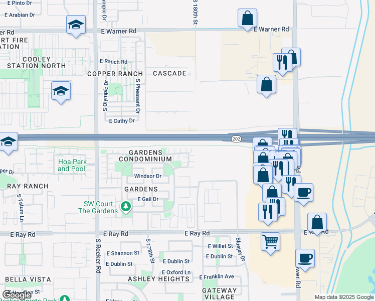 map of restaurants, bars, coffee shops, grocery stores, and more near 4356 East Jasper Drive in Gilbert