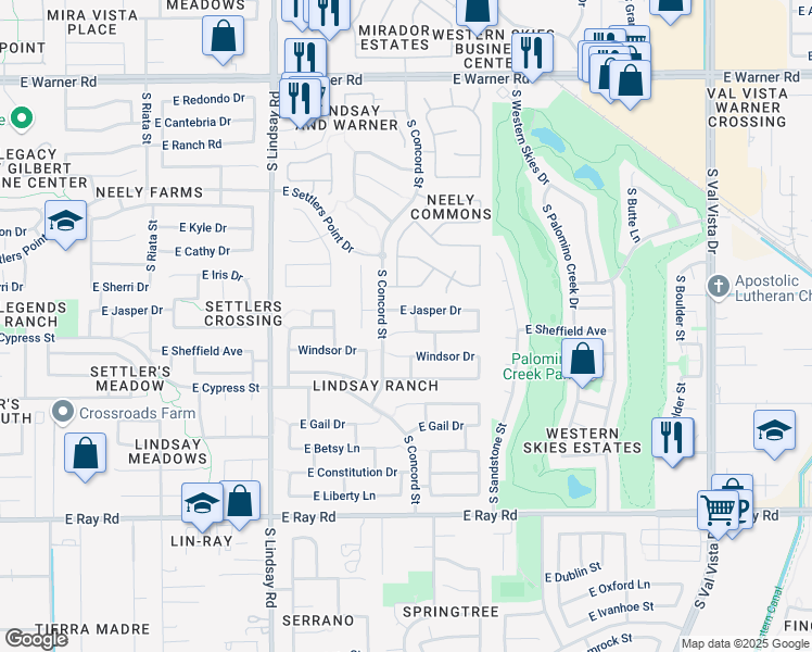 map of restaurants, bars, coffee shops, grocery stores, and more near 1031 East Sheffield Avenue in Gilbert