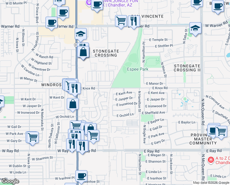 map of restaurants, bars, coffee shops, grocery stores, and more near 361 East Kent Avenue in Chandler