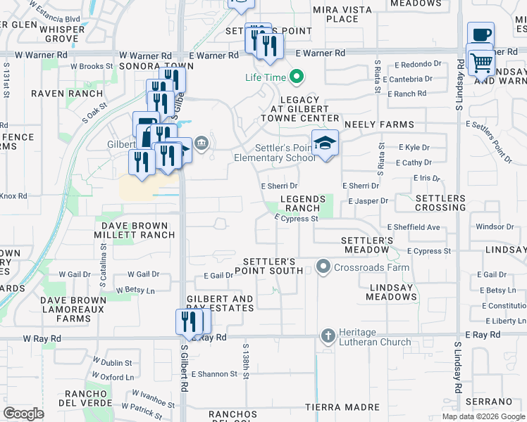 map of restaurants, bars, coffee shops, grocery stores, and more near 1251 South Palm Street in Gilbert