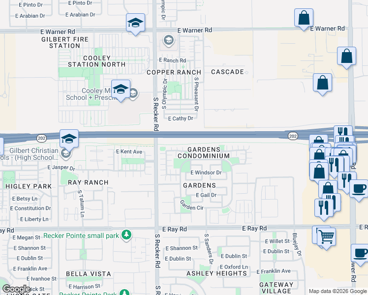 map of restaurants, bars, coffee shops, grocery stores, and more near 4093 East Jasper Drive in Gilbert
