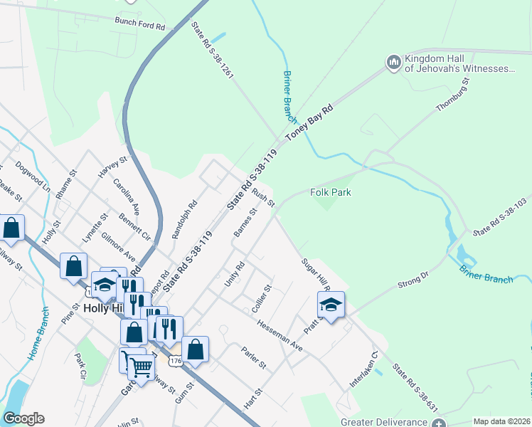 map of restaurants, bars, coffee shops, grocery stores, and more near 1331 Shuler Road in Holly Hill