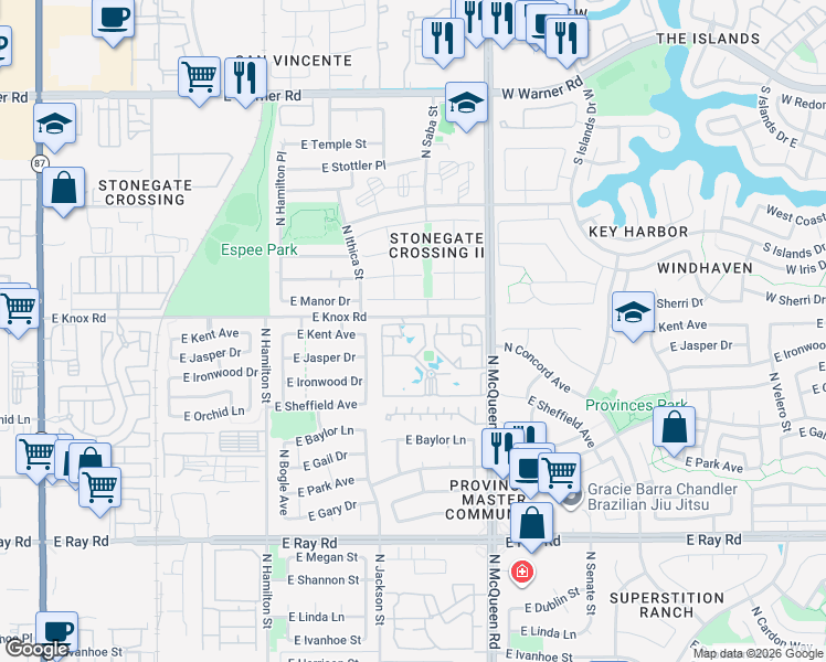 map of restaurants, bars, coffee shops, grocery stores, and more near 1320 North McQueen Road in Chandler