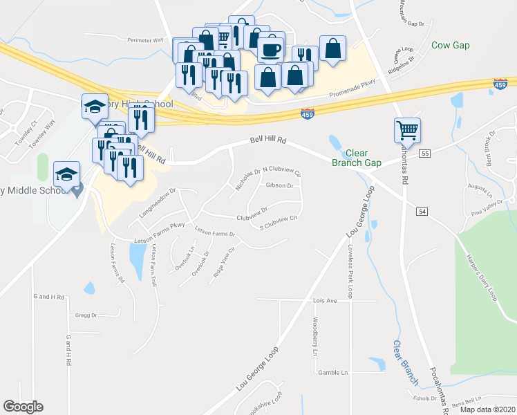 map of restaurants, bars, coffee shops, grocery stores, and more near 4615 Clubview Drive in Bessemer