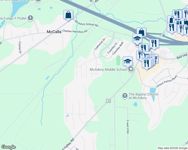 map of restaurants, bars, coffee shops, grocery stores, and more near 6582 Cathwick Way in McCalla