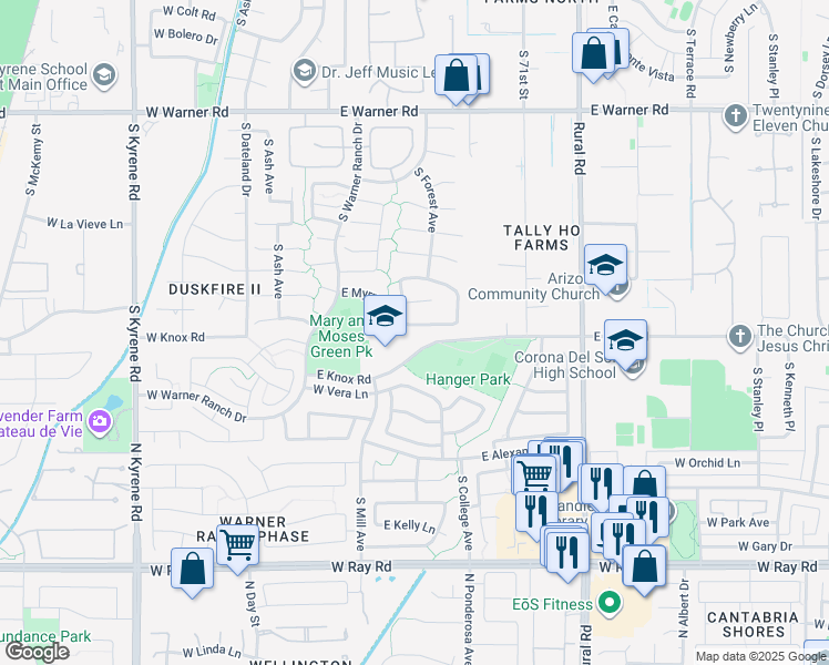 map of restaurants, bars, coffee shops, grocery stores, and more near 175 East Jeanine Drive in Tempe