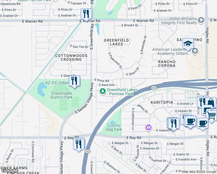 map of restaurants, bars, coffee shops, grocery stores, and more near 2493 East Jasper Drive in Gilbert