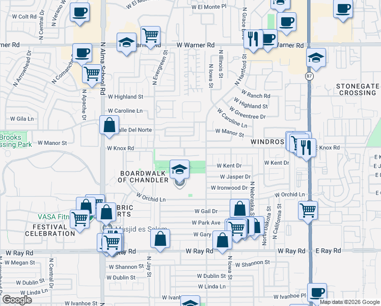 map of restaurants, bars, coffee shops, grocery stores, and more near 661 West Kent Place in Chandler