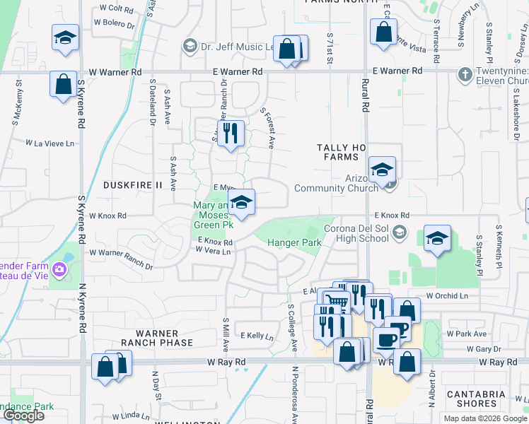 map of restaurants, bars, coffee shops, grocery stores, and more near 175 East Jeanine Drive in Tempe
