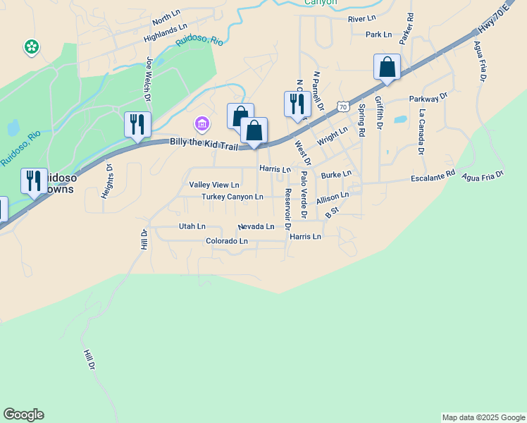 map of restaurants, bars, coffee shops, grocery stores, and more near 305 Second Drive in Ruidoso Downs