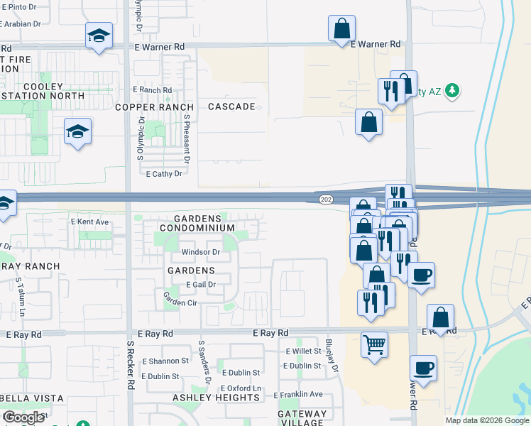 map of restaurants, bars, coffee shops, grocery stores, and more near 4372 East Jasper Drive in Gilbert