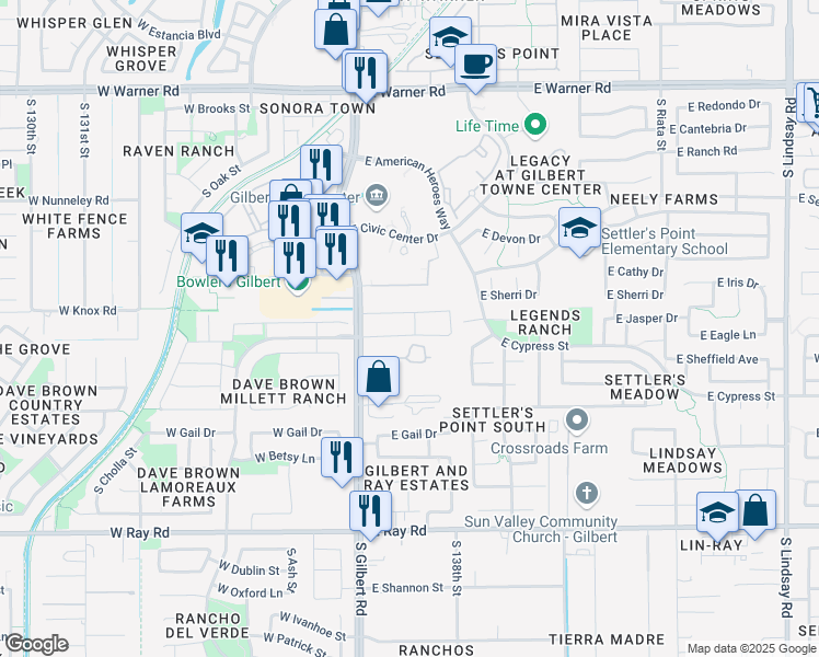 map of restaurants, bars, coffee shops, grocery stores, and more near 1227 South Gilbert Road in Gilbert