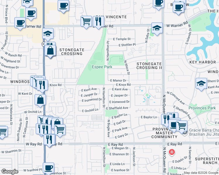 map of restaurants, bars, coffee shops, grocery stores, and more near 1372 North Bogle Avenue in Chandler