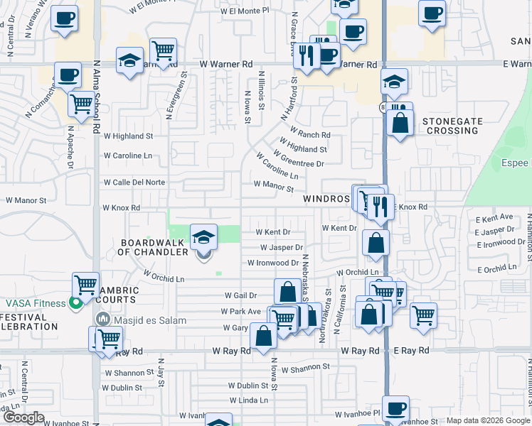 map of restaurants, bars, coffee shops, grocery stores, and more near 1363 North Peden Circle in Chandler