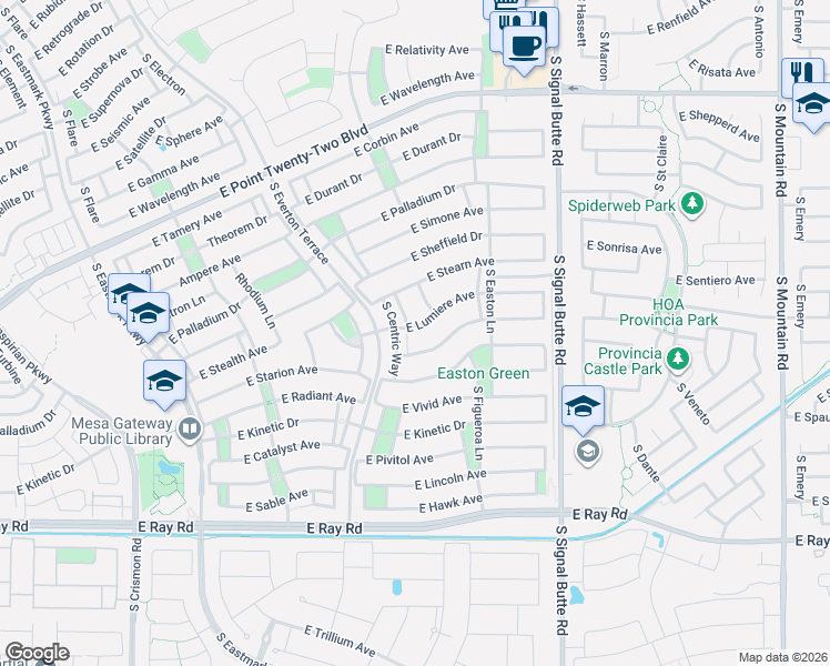 map of restaurants, bars, coffee shops, grocery stores, and more near 10536 Diffraction Avenue in Mesa