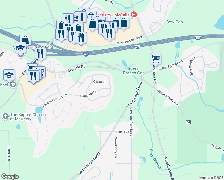 map of restaurants, bars, coffee shops, grocery stores, and more near 6315 South Clubview Circle in Bessemer