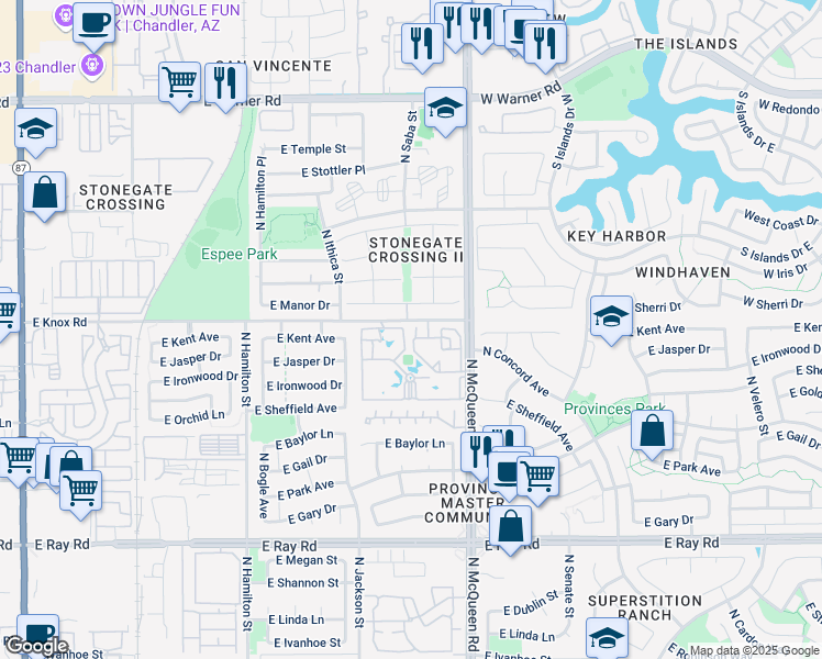 map of restaurants, bars, coffee shops, grocery stores, and more near 955 East Knox Road in Chandler