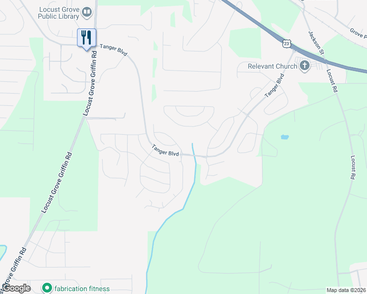 map of restaurants, bars, coffee shops, grocery stores, and more near 401 Kirkland Drive in Locust Grove