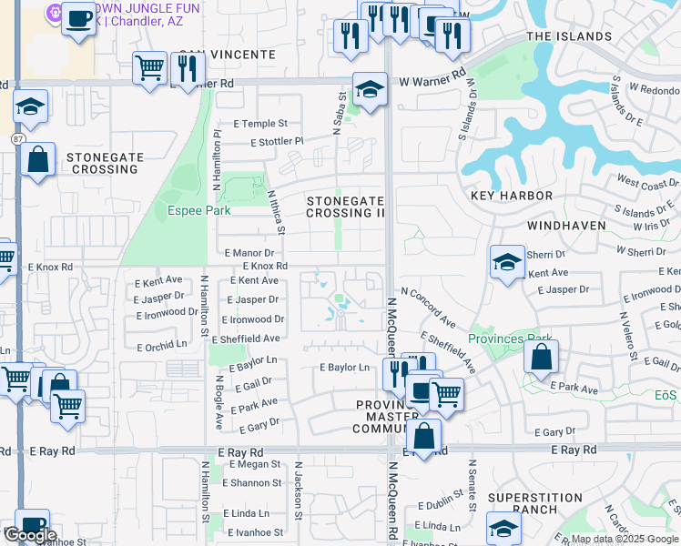 map of restaurants, bars, coffee shops, grocery stores, and more near 955 East Knox Road in Chandler
