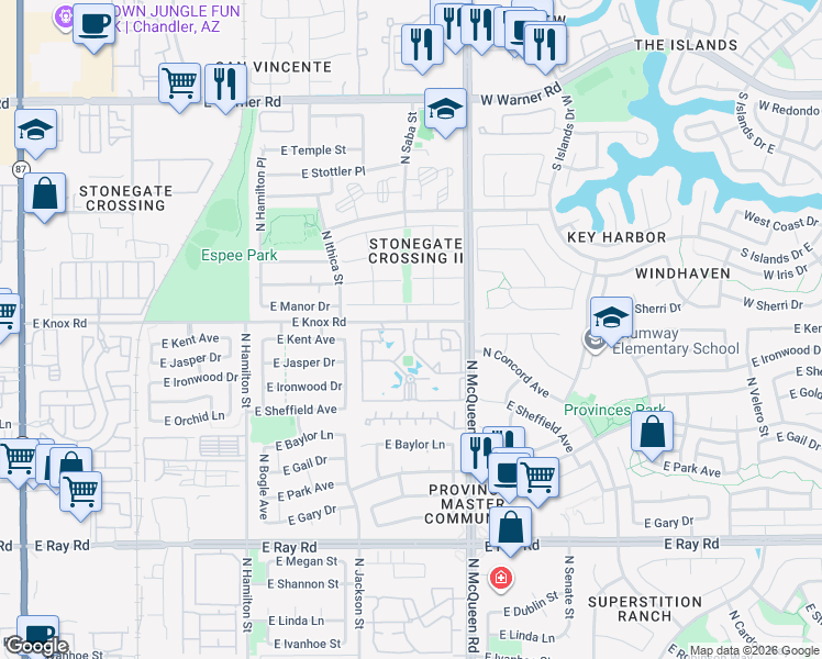 map of restaurants, bars, coffee shops, grocery stores, and more near 955 East Knox Road in Chandler