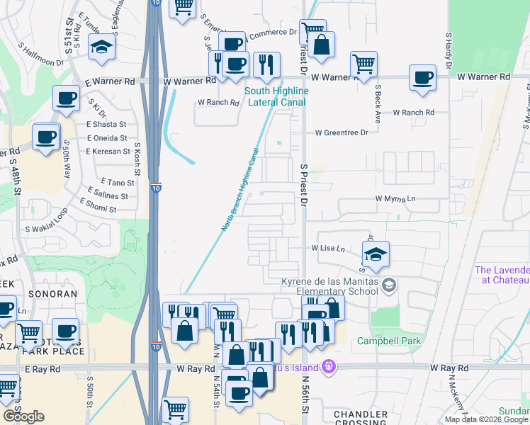 map of restaurants, bars, coffee shops, grocery stores, and more near 7153 West Knox Road in Chandler