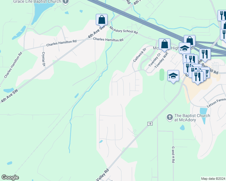 map of restaurants, bars, coffee shops, grocery stores, and more near 5868 Cheshire Cove Trail in McCalla